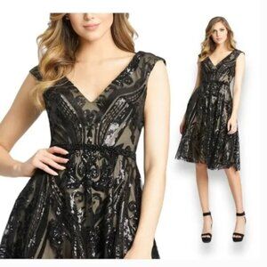 MAC DUGGAL 67514 SEQUINED BLACK/NUDE MIDI LACE DRESS sz 6